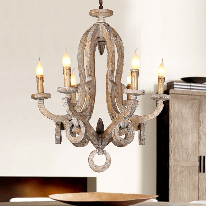 Traditional Rustic Candle Shape Full Wood 6 - Light Chandeliers For Dining Room