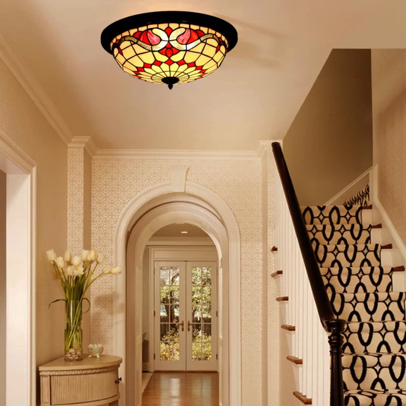 Traditional Tiffany Baroque Stained Glass Hardware Dome 3-Light Flush Mount Ceiling Light For Living Room