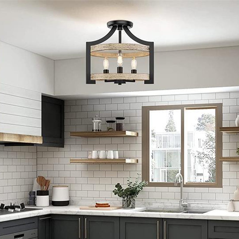 Traditional Vintage Birdcage Shape Wood Iron 3 - Light Semi-Flush Mount Light For Dining Room