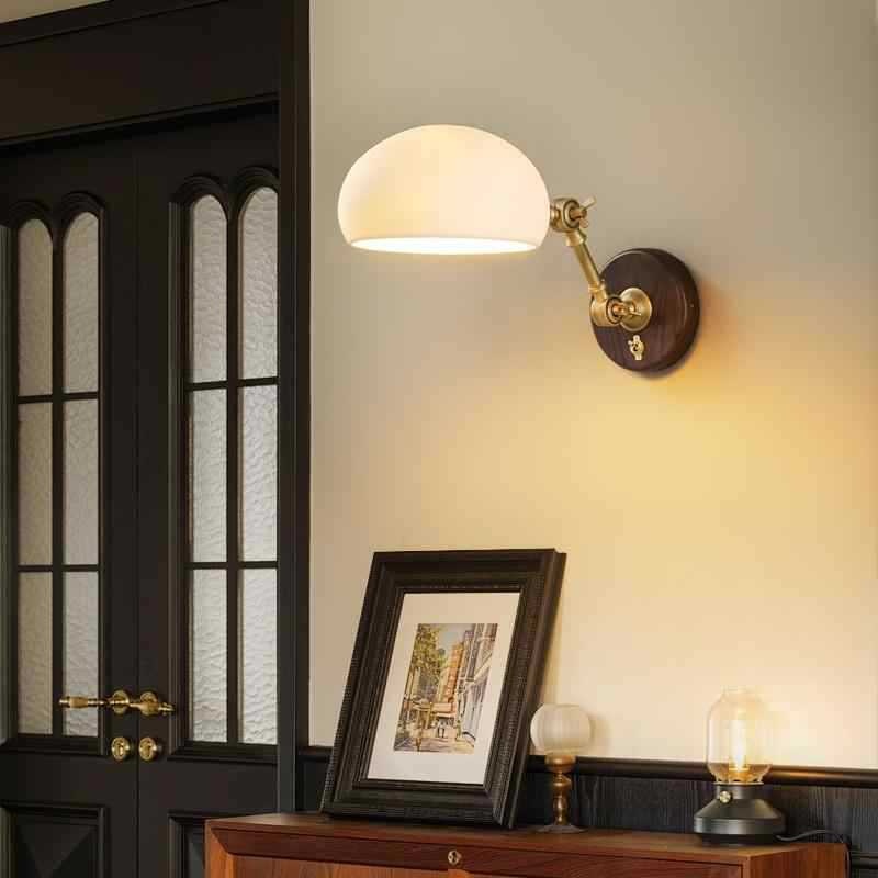 Traditional Vintage Brass Ash Wood Ceramic Round Shade 1-Light Wall Sconce Lamp For Living Room