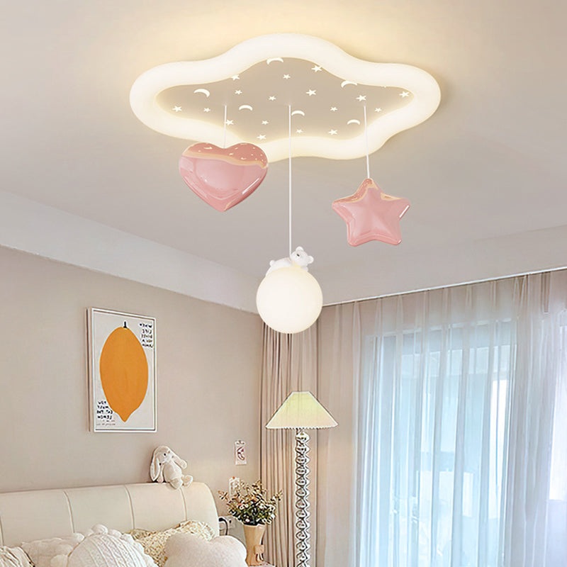 Contemporary Creative Kids Warm Clouds Heart Stars Iron PE LED Flush Mount Ceiling Light For Bedroom