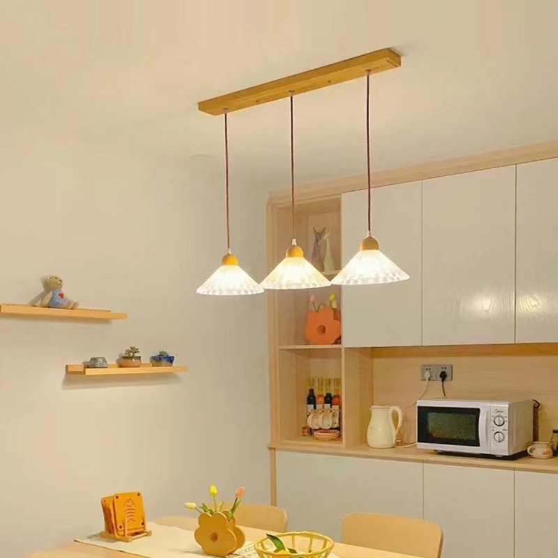 Contemporary Nordic Cone Wood Glass 3-Light Chandelier Island Light For Living Room