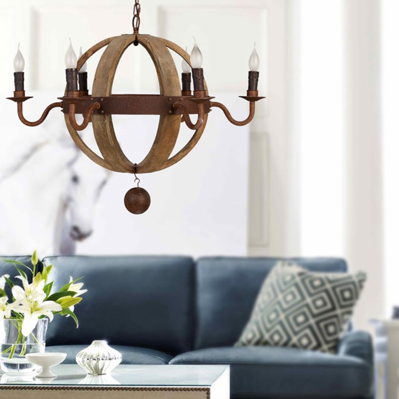 Contemporary Retro Round Ball Wood Iron Hardware 6 - Light Chandelier For Dining Room
