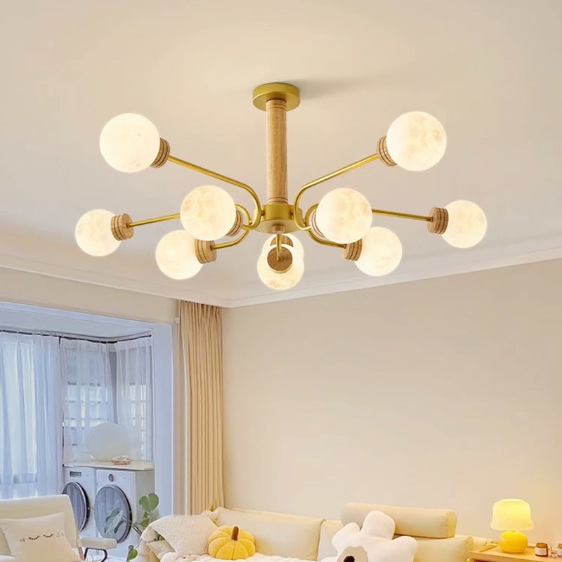 Contemporary Scandinavian Round Iron Oak Acrylic 6/10 Light Chandelier For Bedroom