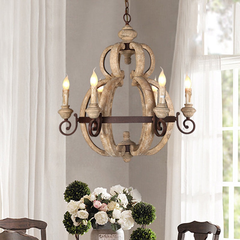 Traditional European Gourd Shape Solid Wood Iron 6 - Light Chandelier For Dining Room