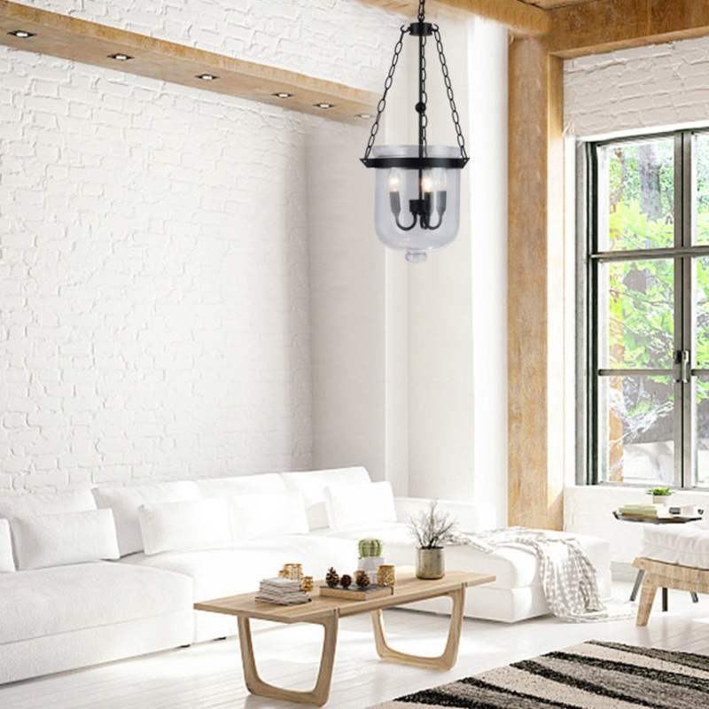 Traditional Rustic Semicircle Bucket Iron Glass 3 - Light Pendant Light For Dining Room
