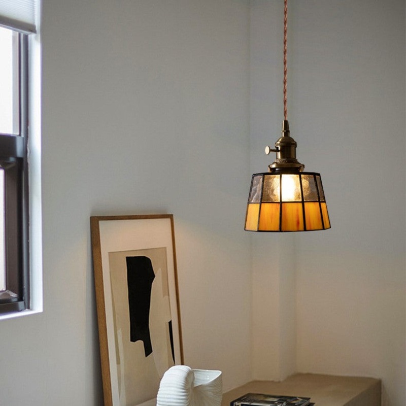 Traditional Vintage Brass Checkered Patchwork Glass Round 1-Light Pendant Light For Bedroom