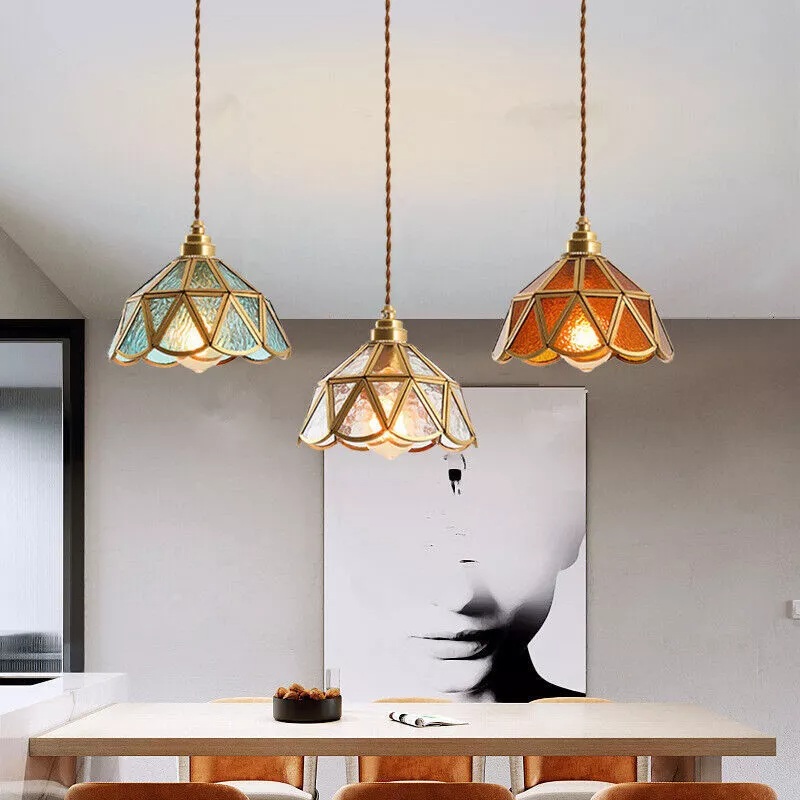 Traditional Vintage Geometric Cone Water Pattern Glass Brass 1-Light Pendant Light For Bedroom