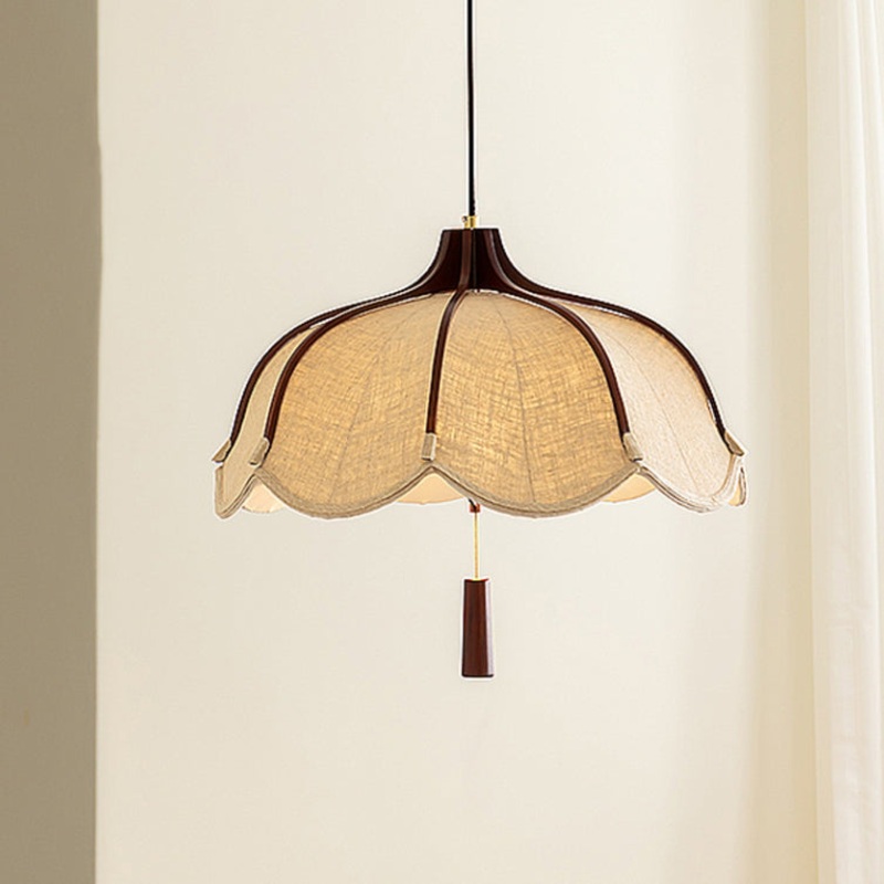 Traditional Vintage Oak Hardware Fabric Dome Petal 1-Light Pendant Light For Dining Room