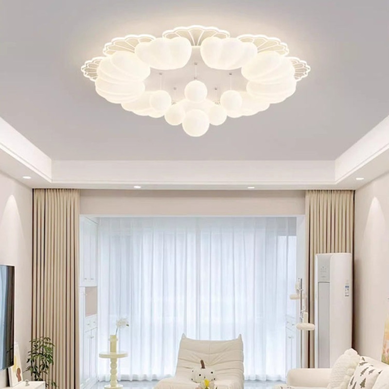 Contemporary Nordic Cream Flower Balls Crystal Iron PE Acrylic LED Flush Mount Ceiling Light For Bedroom