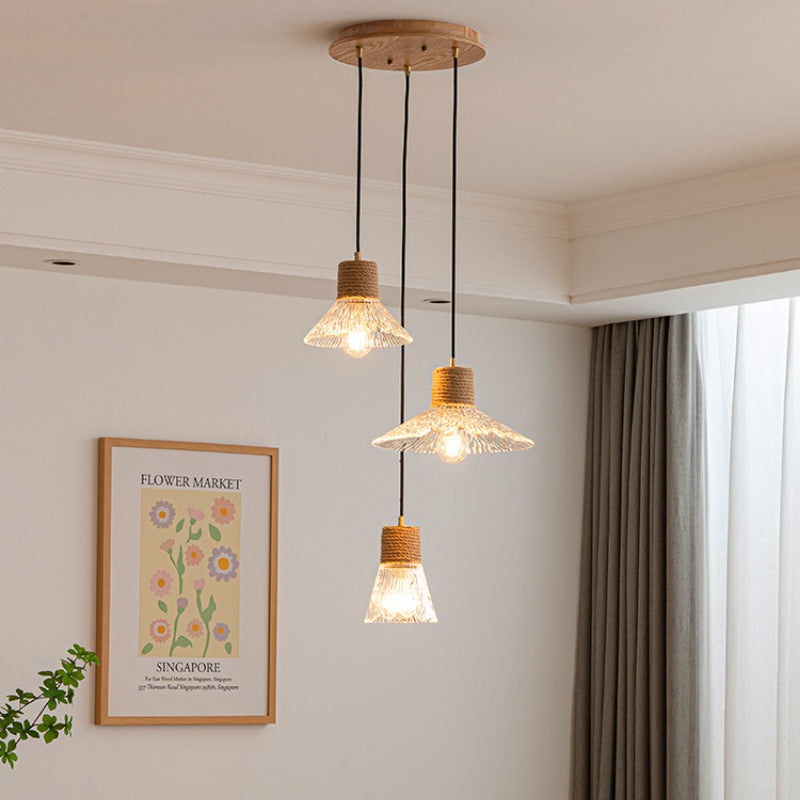 Contemporary Nordic Hemp Rope Wood Glass Cone Drum Shape 3-Light Chandelier Island Light For Living Room