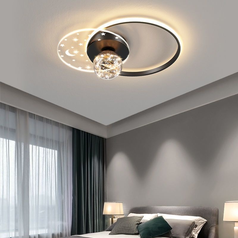Contemporary Scandinavian Round Orb Star Crescent Glass Acrylic Iron LED Flush Mount Ceiling Light For Bedroom