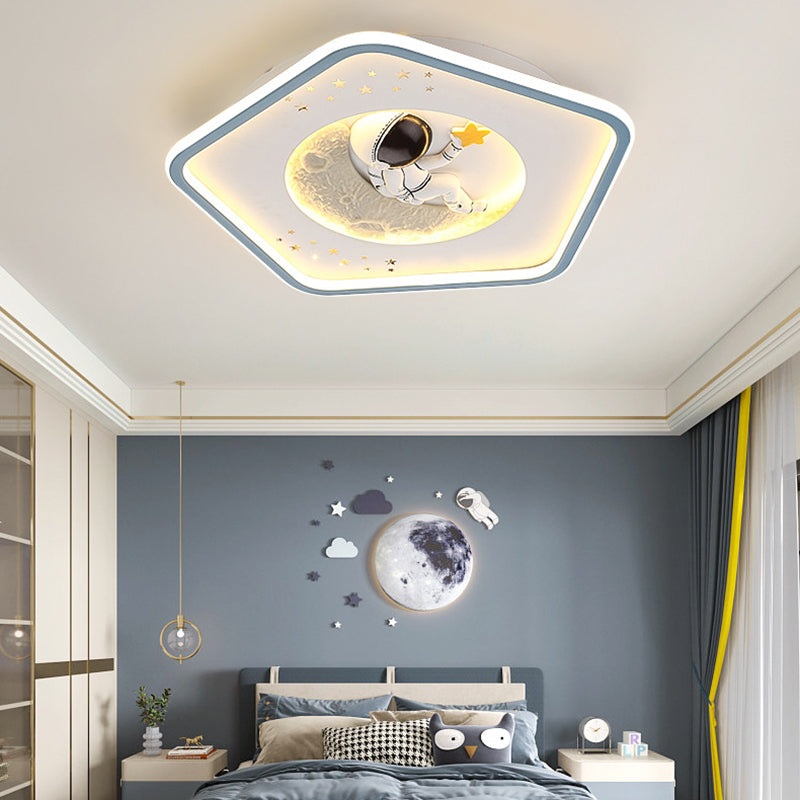 Modern Art Deco Kids Cartoon Pentagon Triangle Unicorn Astronaut Acrylic Resin Iron LED Flush Mount Ceiling Light For Bedroom