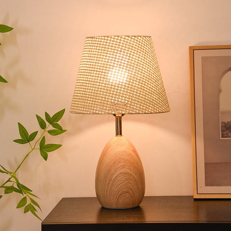 Modern Scandinavian Table Lamp with Iron & Woven Rattan Base and Tapered Shade for Bedroom