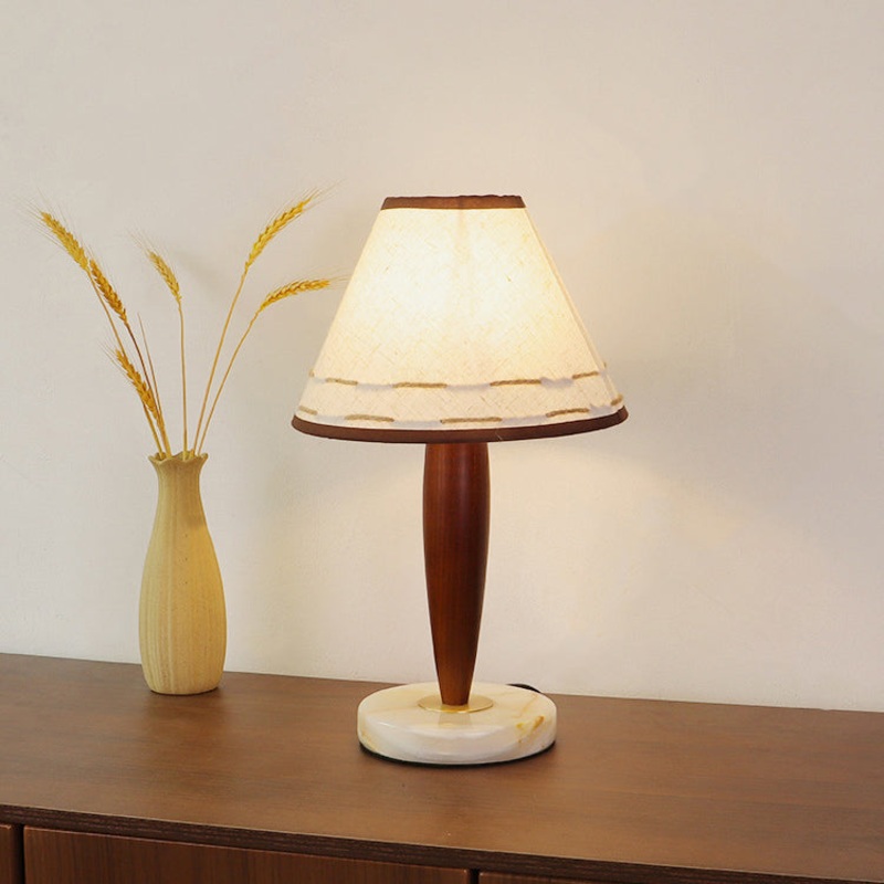 Table Lamp Mid-Century Modern Solid Wood & Marble with Tapered Fabric Shade for Bedroom