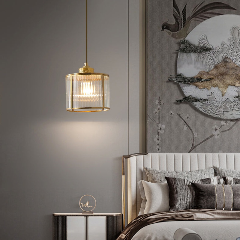 Traditional Chinese Cylinder Round Distressed Glass Brass 1-Light Pendant Light For Living Room