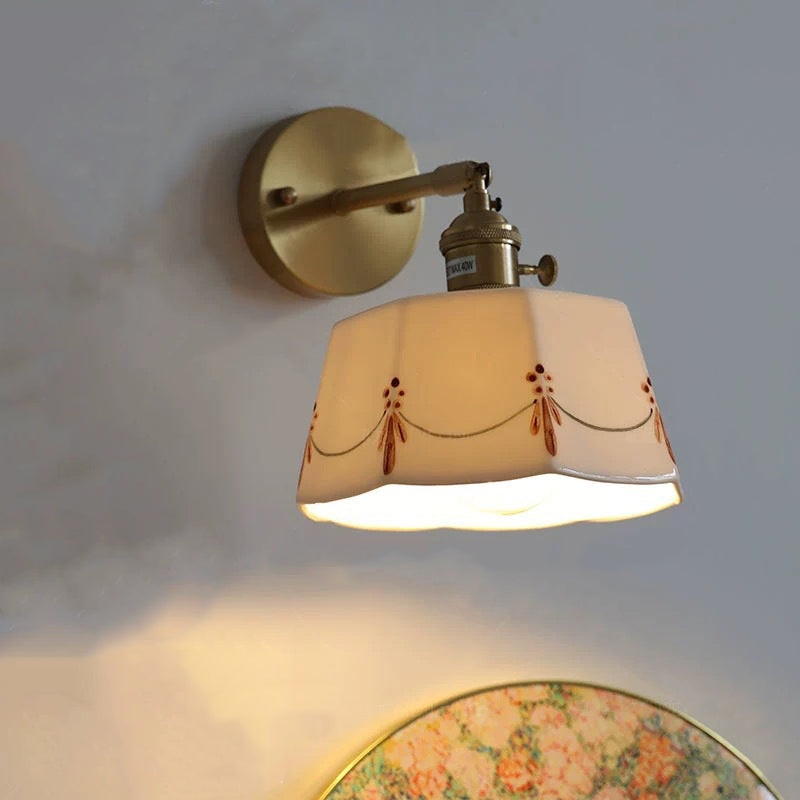 Traditional Chinese Octagonal Trapezoidal Firework Printed Ceramic Shade Brass 1-Light Wall Sconce Lamp For Living Room