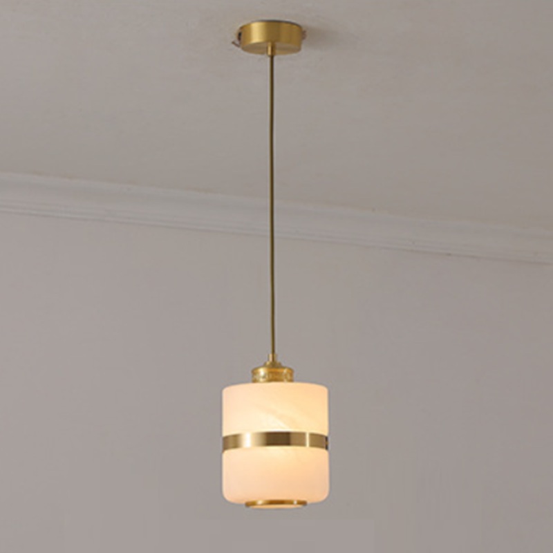 Traditional Chinese Round Column Glass Copper 1-Light Pendant Light For Living Room