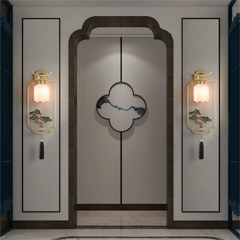 Traditional Chinese Welcoming Pine Sika Deer Iron Hardware Glass 1 - Light Wall Sconce Lamp For Living Room