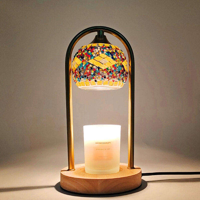 Traditional Vintage Spherical Dotted Rhombus Floral Square Round Base Iron Wood Glass 1-Light Melting Wax Table Lamp For Bedroom
