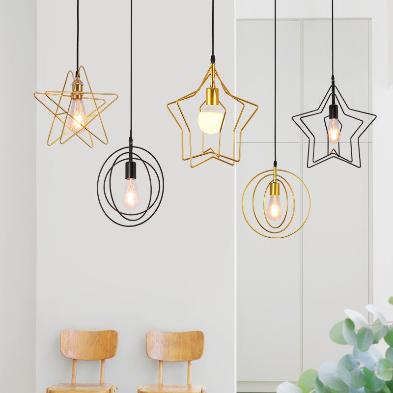 Contemporary Industrial Pentagram Round Hollowed Out Iron 1-Light Pendant Light For Living Room