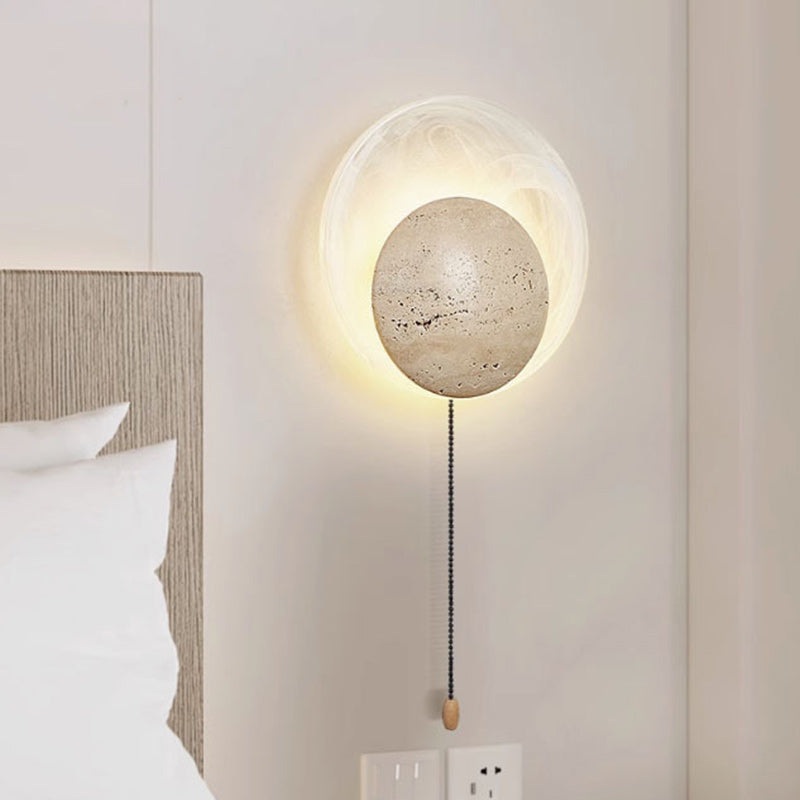 Contemporary Nordic Travertine Glass Round Smoke Textured Zipper LED Wall Sconce Lamp For Bedside