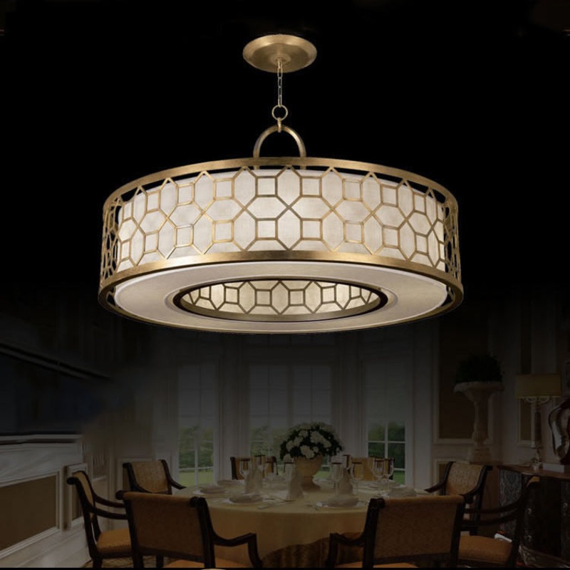 Traditional Chinese Cylinder Iron Fabric 3/4 Light Chandelier For Living Room
