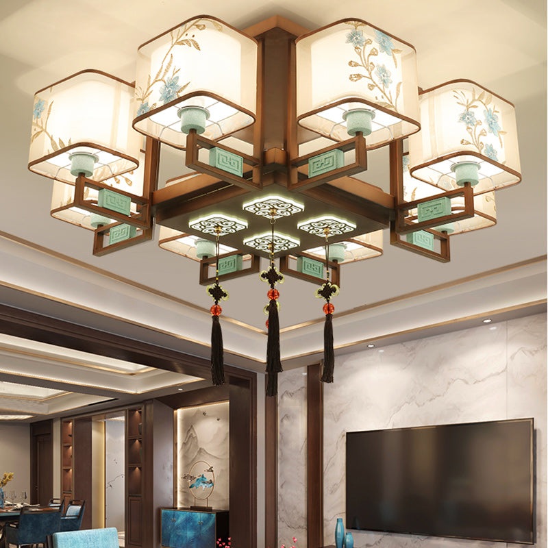 Traditional Chinese Square Fabric Pattern Embroidery Lampshade Iron 4/6/8 - Light Chandeliers For Living Room