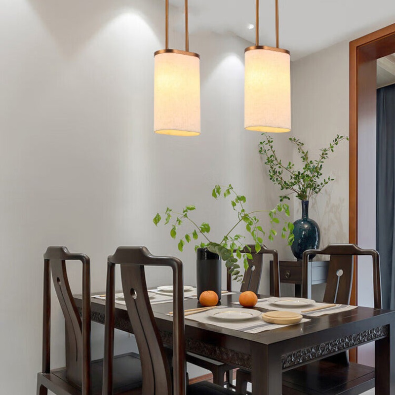 Traditional Chinese Stainless Steel Fabric Round Shade 1-Light Pendant Light For Bedroom