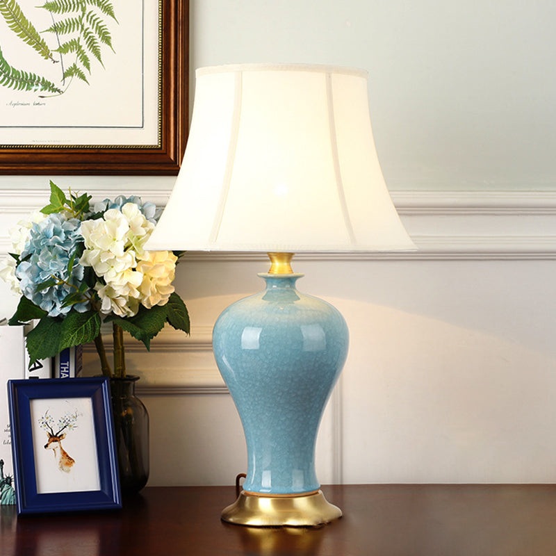 Traditional Chinese Vase Shape Round Cylinder Ceramic Fabric 1-Light Table Lamp For Bedroom