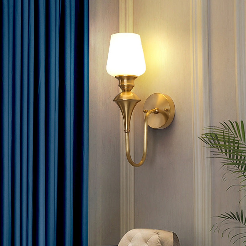 Traditional European Curved Rod Candle Holder Cup Shape Full Brass Frame Glass Shade 1/2 Light Wall Sconce Lamp For Living Room