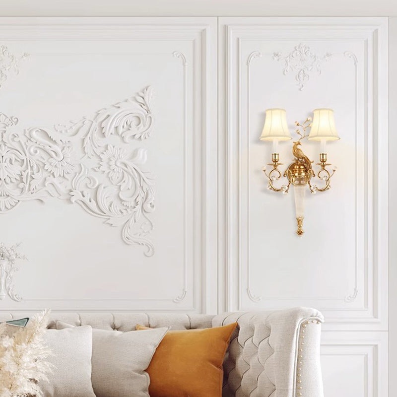 Traditional French Phoenix Full Copper Fabric Lampshade Crystal 2 - Light Wall Sconce Lamp For Living Room