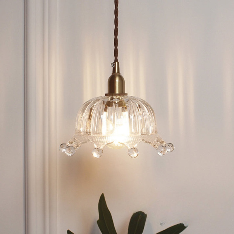 Traditional Japanese Brass Flower Glass Shade 1-Light Pendant Light For Bedroom