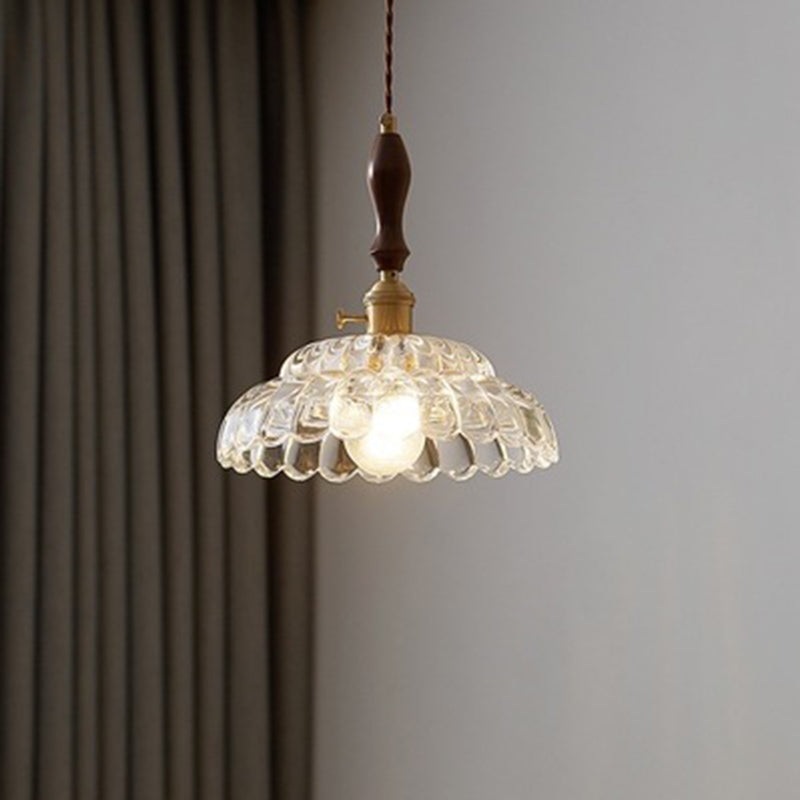 Traditional Japanese Round Double Carved Oval Copper Wooden Glass 1-Light Pendant Light For Living Room