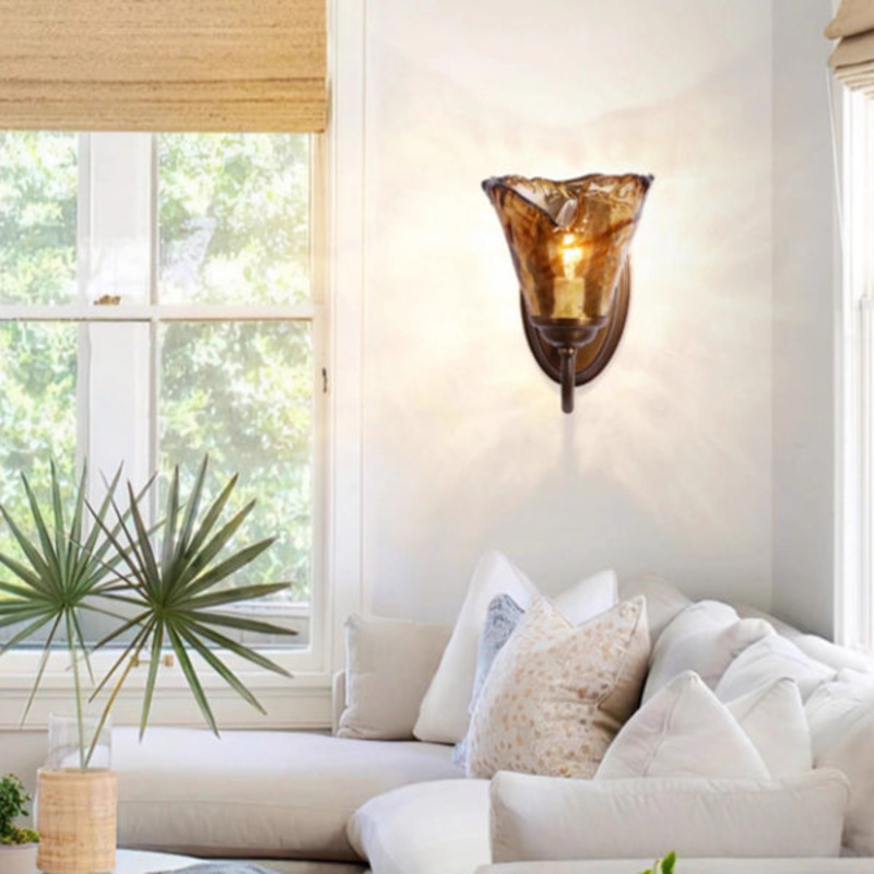 Traditional Vintage Cup Shape Full Brass Frame Glass Shade 1-Light Wall Sconce Lamp For Living Room