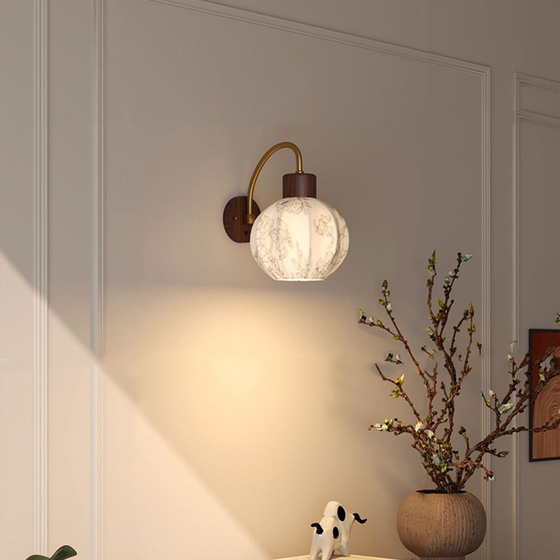 Traditional Vintage Curved Pole Round Ball Floral Printed Iron Solid Wood Frame Fabric Shade 1-Light Wall Sconce Lamp For Bedroom