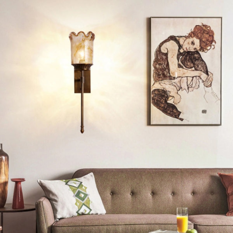 Traditional Vintage Flower Cup Shape Cylinder Full Copper Pole Glass Shade 1-Light Wall Sconce Lamp For Living Room