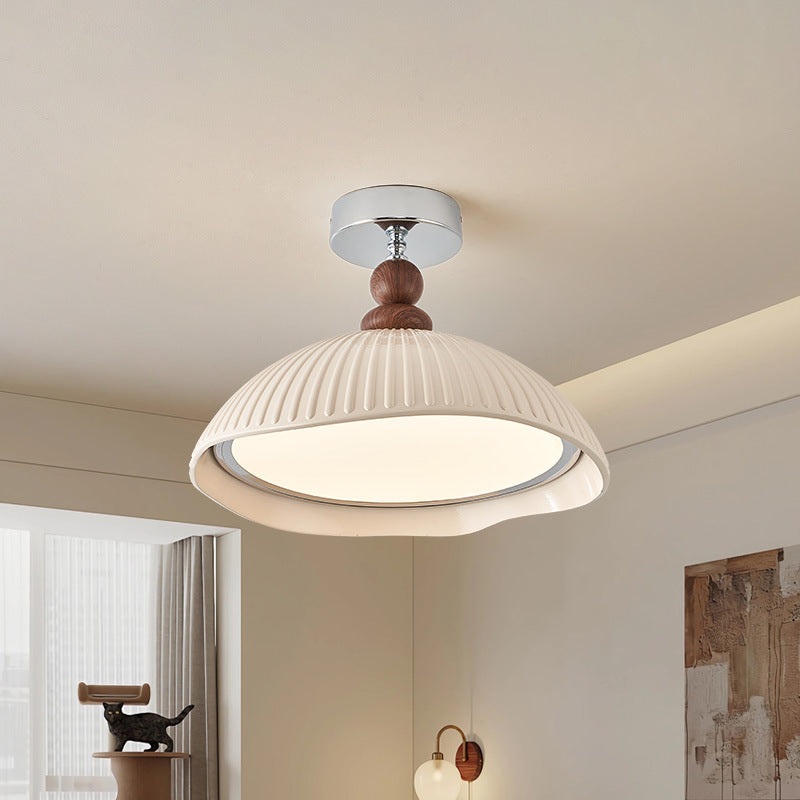 Traditional Vintage Iron Resin Stripe Dome Eggshell LED Semi-Flush Mount Ceiling Light For Living Room