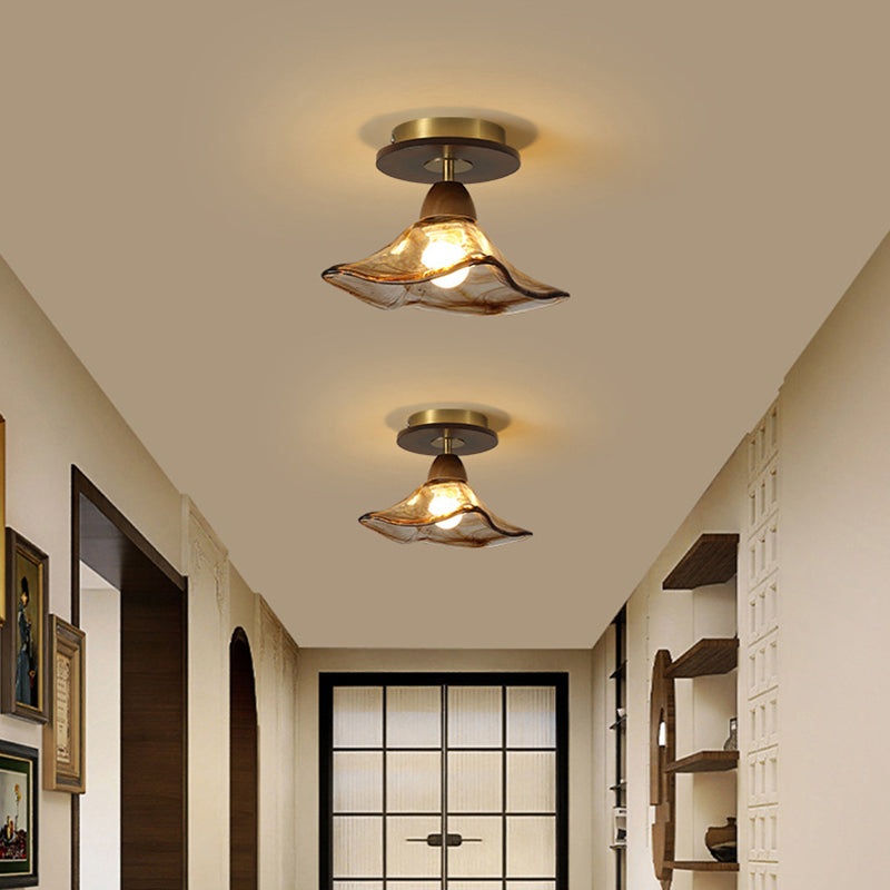 Traditional Vintage Lotus Leaf Half Round Disc Base Iron Wood Glass 1-Light Semi-Flush Mount Ceiling Light For Living Room