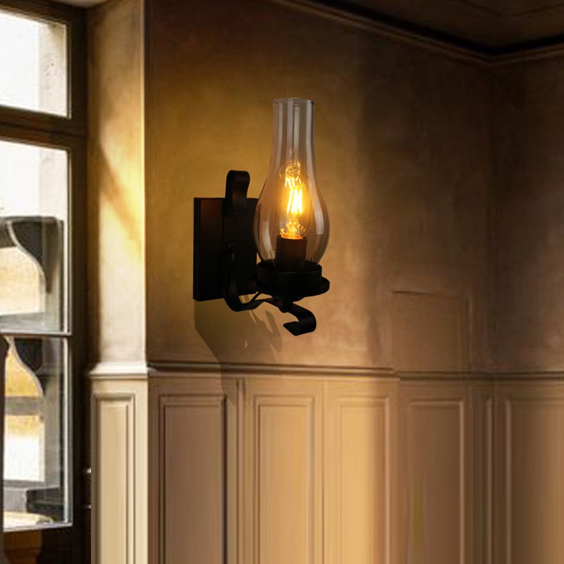 Traditional Vintage Oval Cylinder Rectangular Base Iron Glass 1-Light Wall Sconce Lamp For Living Room