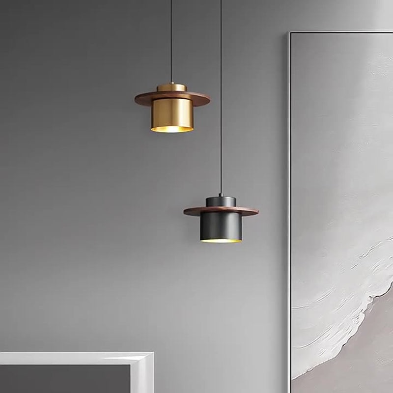 Contemporary Nordic Full Copper Cylinder Walnut Wood LED Pendant Light For Bedroom