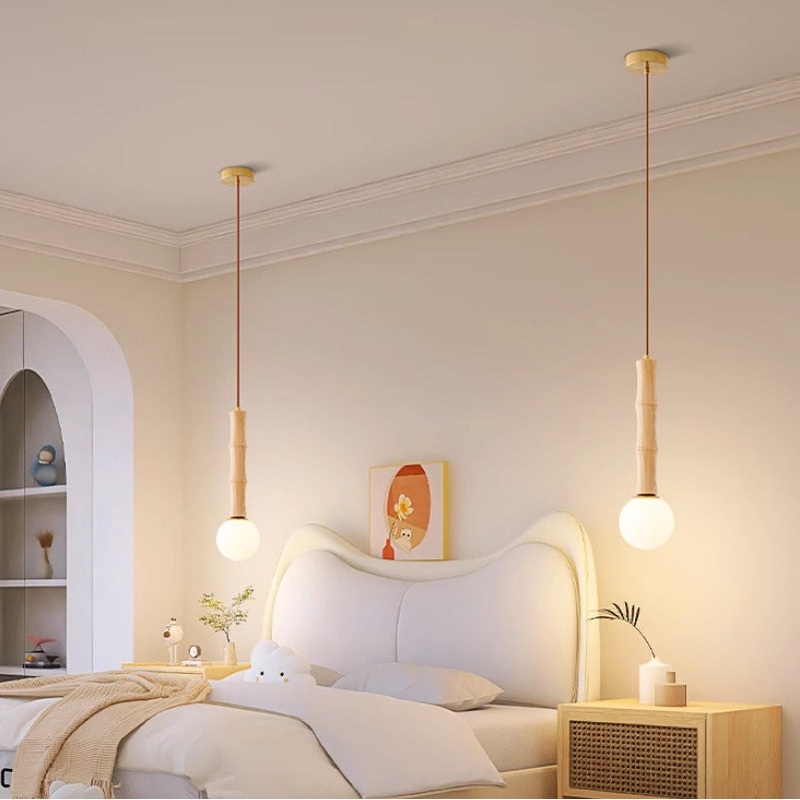 Contemporary Retro Column Wood Glass 1-Light Pendant Light For Living Room