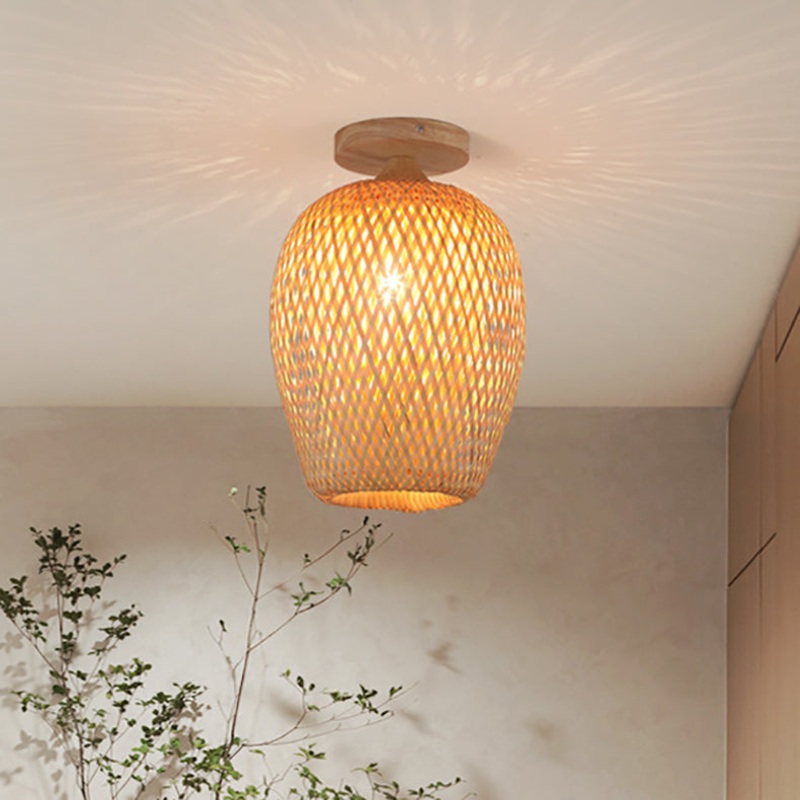 Modern Chinese Bamboo Woven Cylinder 1-Light Semi-Flush Mount Ceiling Light For Living Room