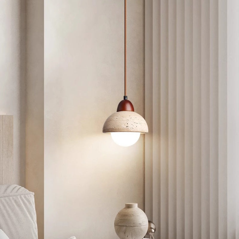 Traditional Chinese Globe Wood Stone 1-Light Pendant Light For Living Room