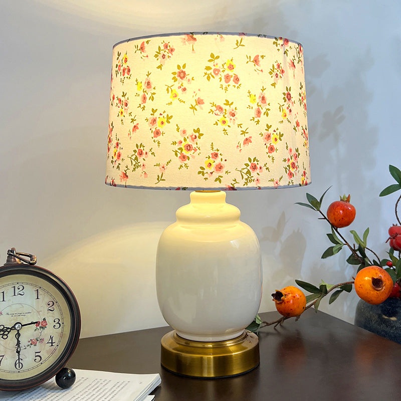 Traditional Chinese Oval Cylinder Persimmon Tree Branch Ceramic Metal Fabric 1-Light Table Lamp For Bedroom