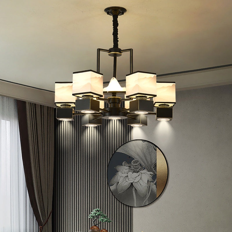 Traditional Chinese Square Iron Fabric 6/8 Light Chandelier For Living Room