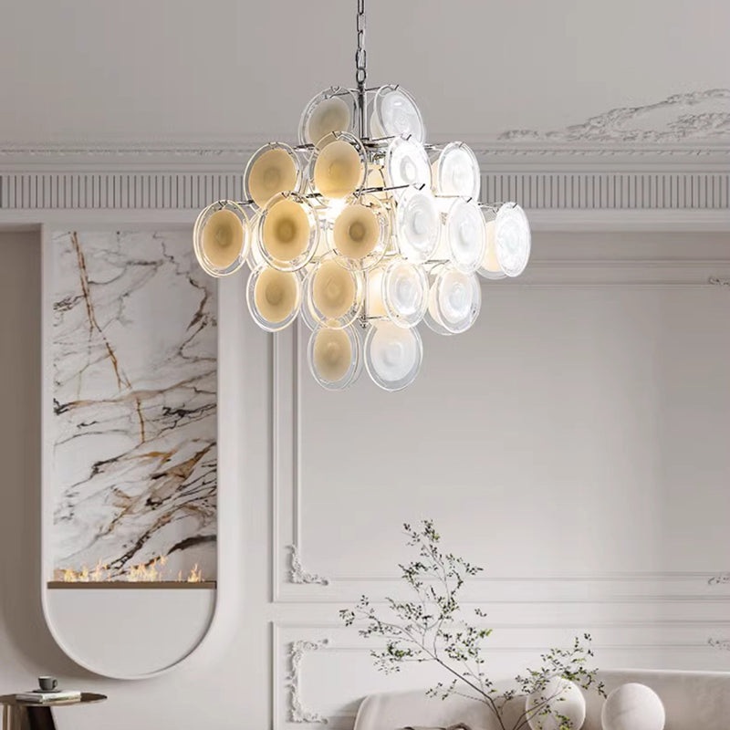 Traditional French Round Metal Glass 6-Light Chandelier For Living Room