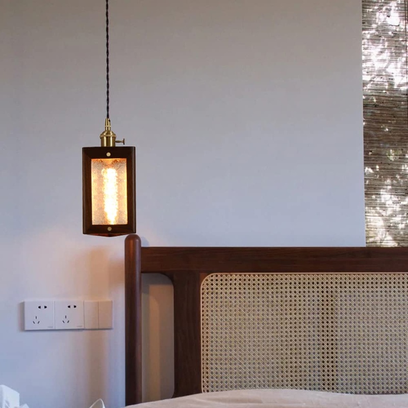 Traditional Japanese Flower Pattern Glass Triangular Prism Shade Walnut 1-Light Pendant Light For Bedroom