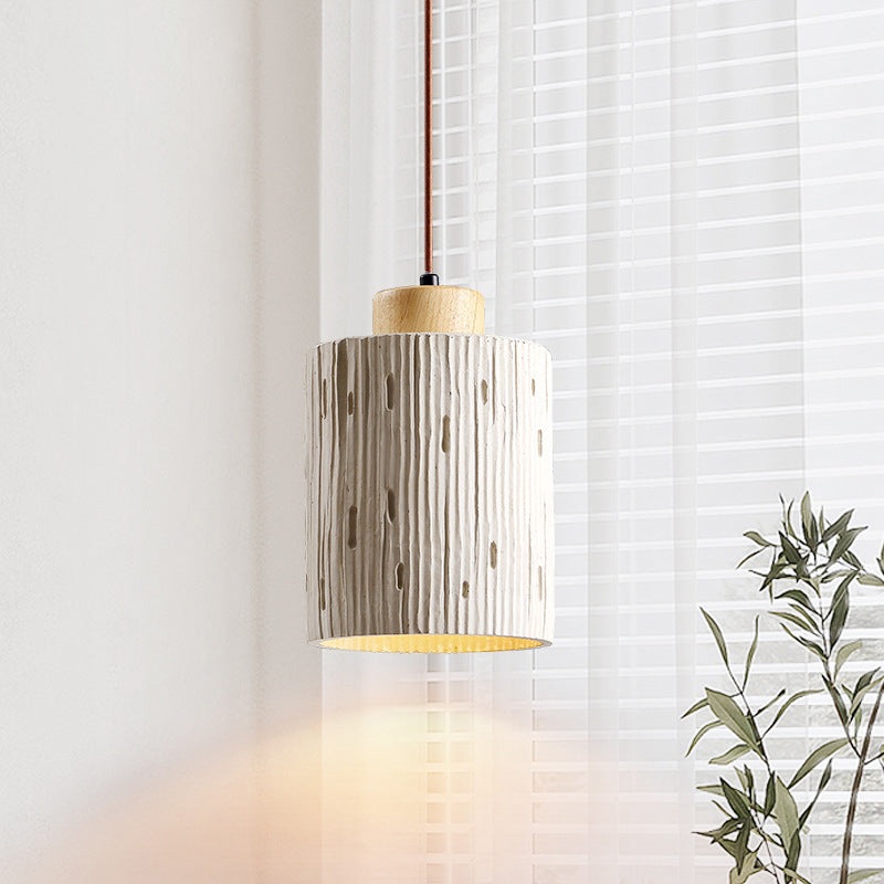 Traditional Japanese Vertical Grained Concrete Cylinder 1-Light Pendant Light For Bedroom