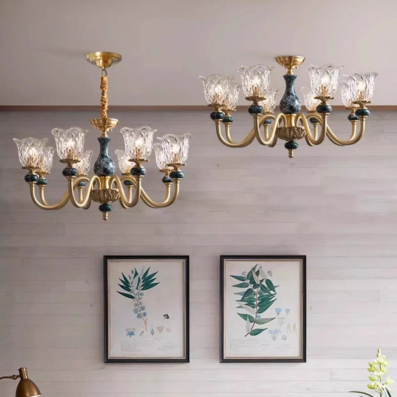 Traditional Vintage Branch Flower Round Glass Brass Ceramic 3/6/8 Light Chandelier For Living Room
